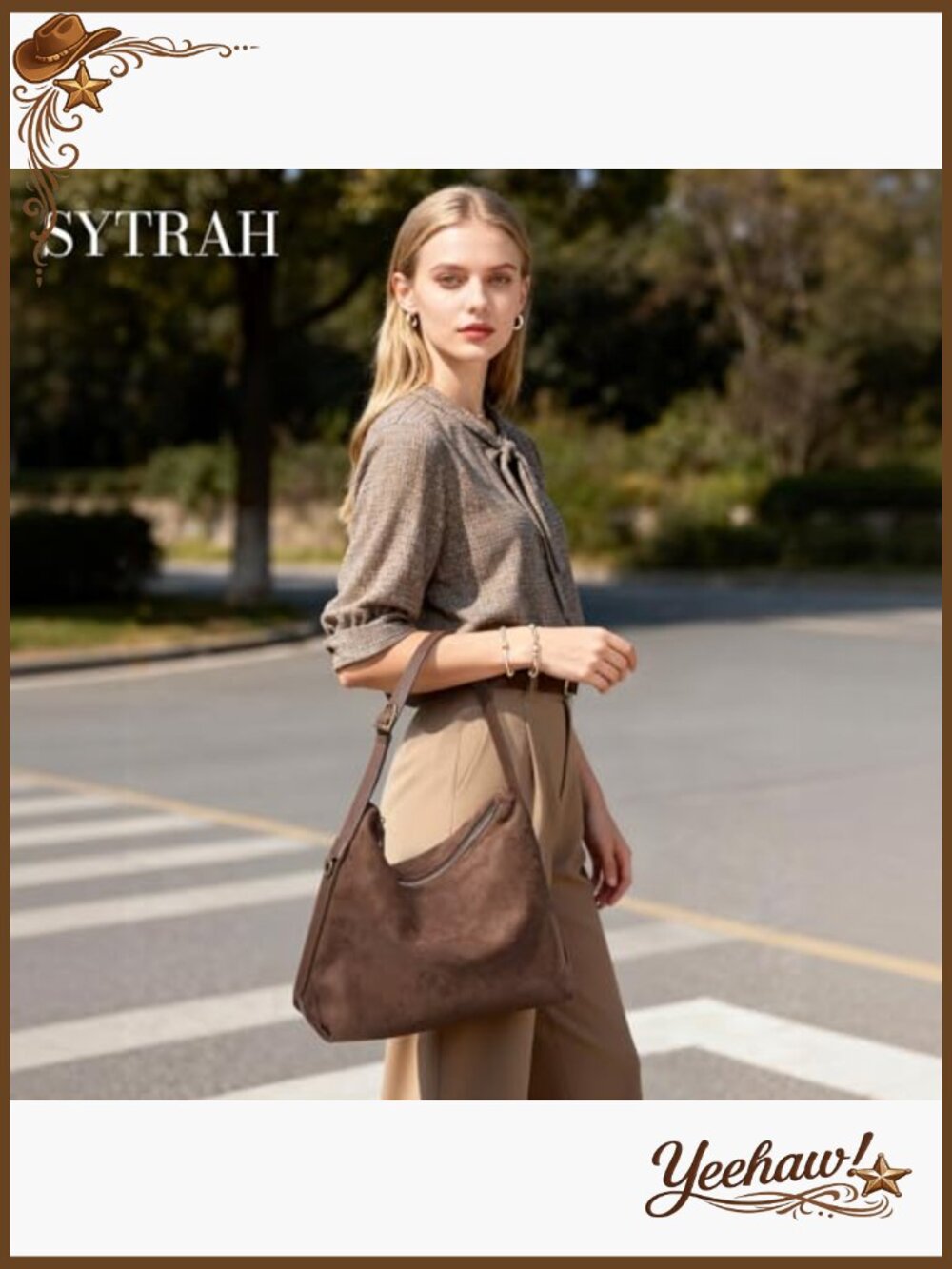 Slouchy Suede Hobo Shoulder Bag with Multiple Pockets - Picture 3 of 7